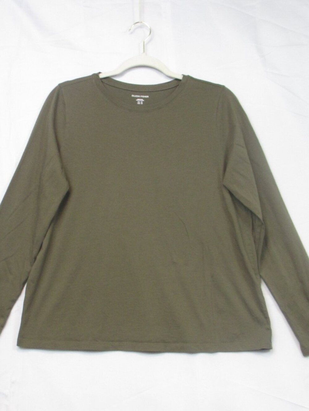 Eileen Fisher Organic Cotton Long Sleeve Crewneck Top Olive Green Tee Shirt M